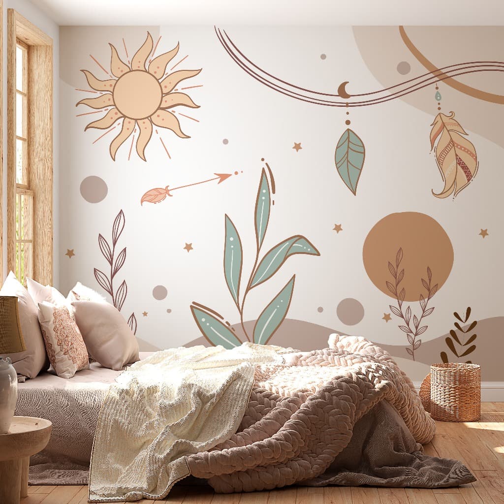 Papel de Parede Boho Floral Terroso Místico com Sol