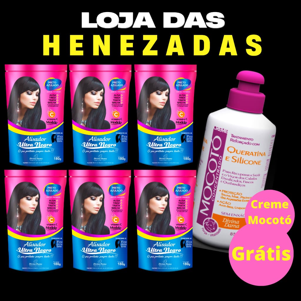 Henê Alisador Ultra Negro KIT C/6UN - Pouch 180gr - EFEITO LISO NATURAL - HENÊ EM GEL PERFUMADO - HENÊ PRETO AZULADO - Alisante para cabelos, Seus Cabelos Lisos e Pretos sem Formol e sem Chapinha