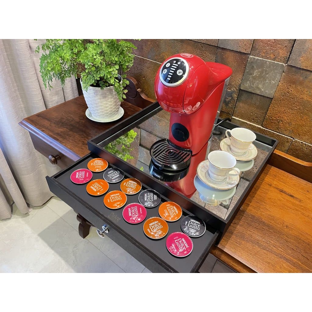 Bandeja Porta Cápsulas Tampo em Vidro Espelhado Gaveta Dolce Gusto Nespresso ou Tres corações Preta