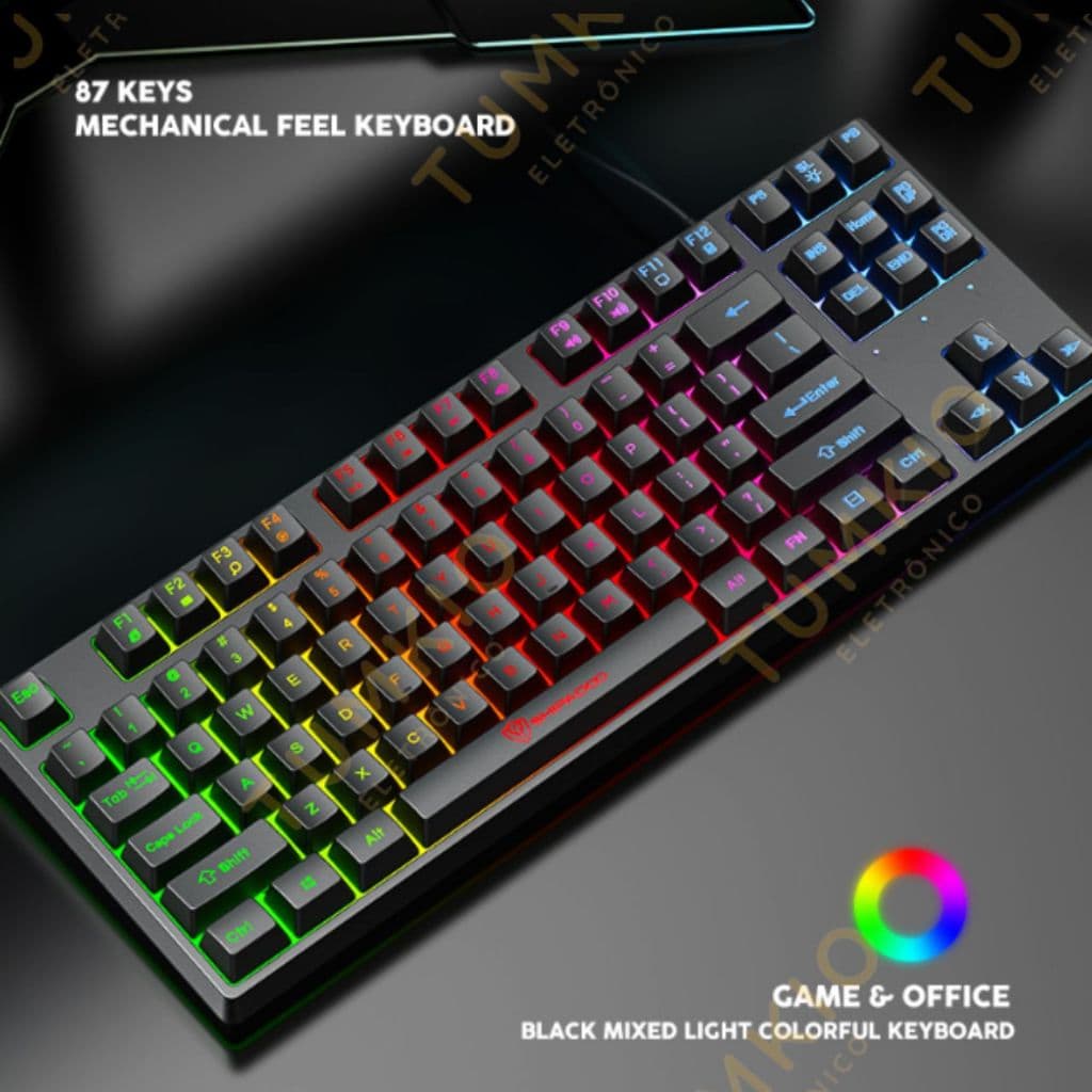 Teclado semimecânico com luzes coloridas e 87 teclas com fio