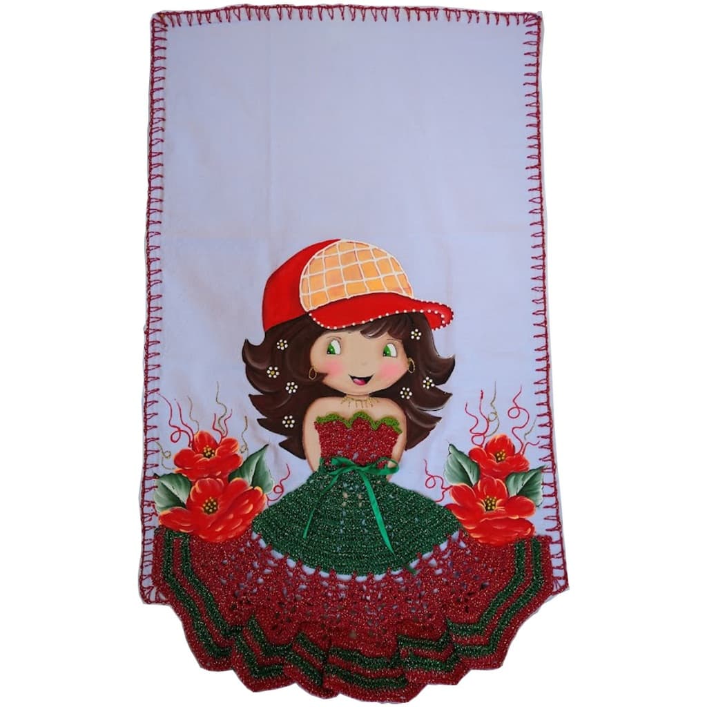 Panos de Prato Boneca Pintado a Mão 75x50cm Sainha Crochê Chapéu
