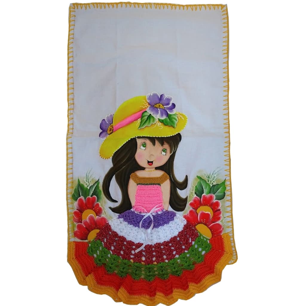 Panos de Prato Pintado Crochê Boneca 75x50cm Sainha Chapéu