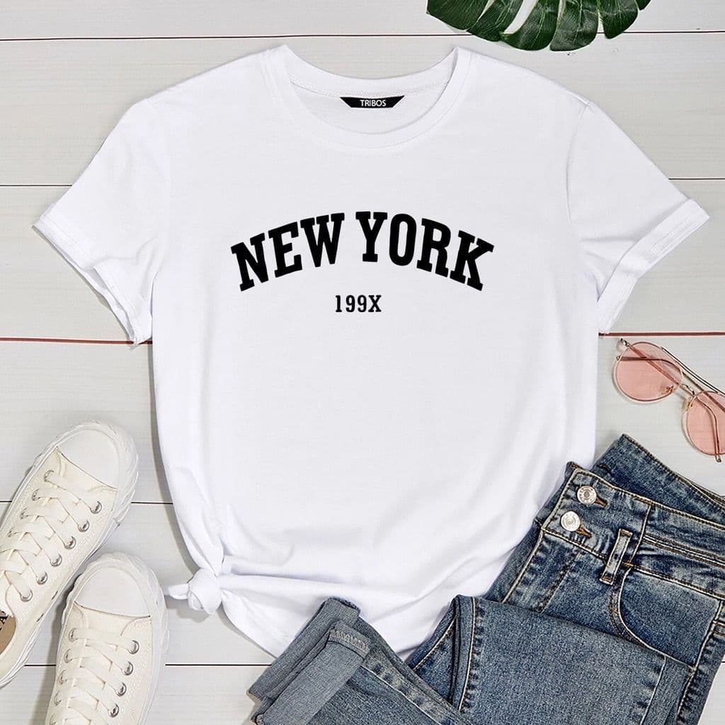 Camiseta Feminina Básica 100% Algodão Blusa Feminina Estampada New York
