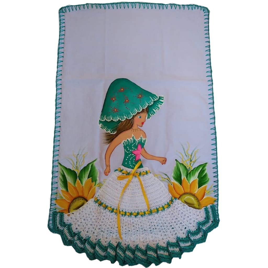 Panos de Prato Pintado Crochê Boneca 75x50cm Sainha Artesanato
