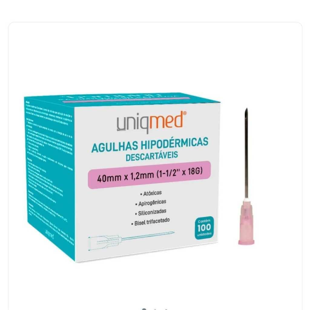 Agulha Descartável 18G  Rosa - 40mm x 1,2mm - 100 Und Uniqmed