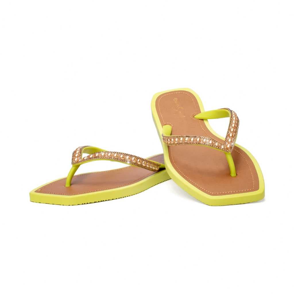 Chinelo Rasteirinha Verde Pérola Bico Quadrado Via Summer Sandália de Dedo Casual Dia a Dia