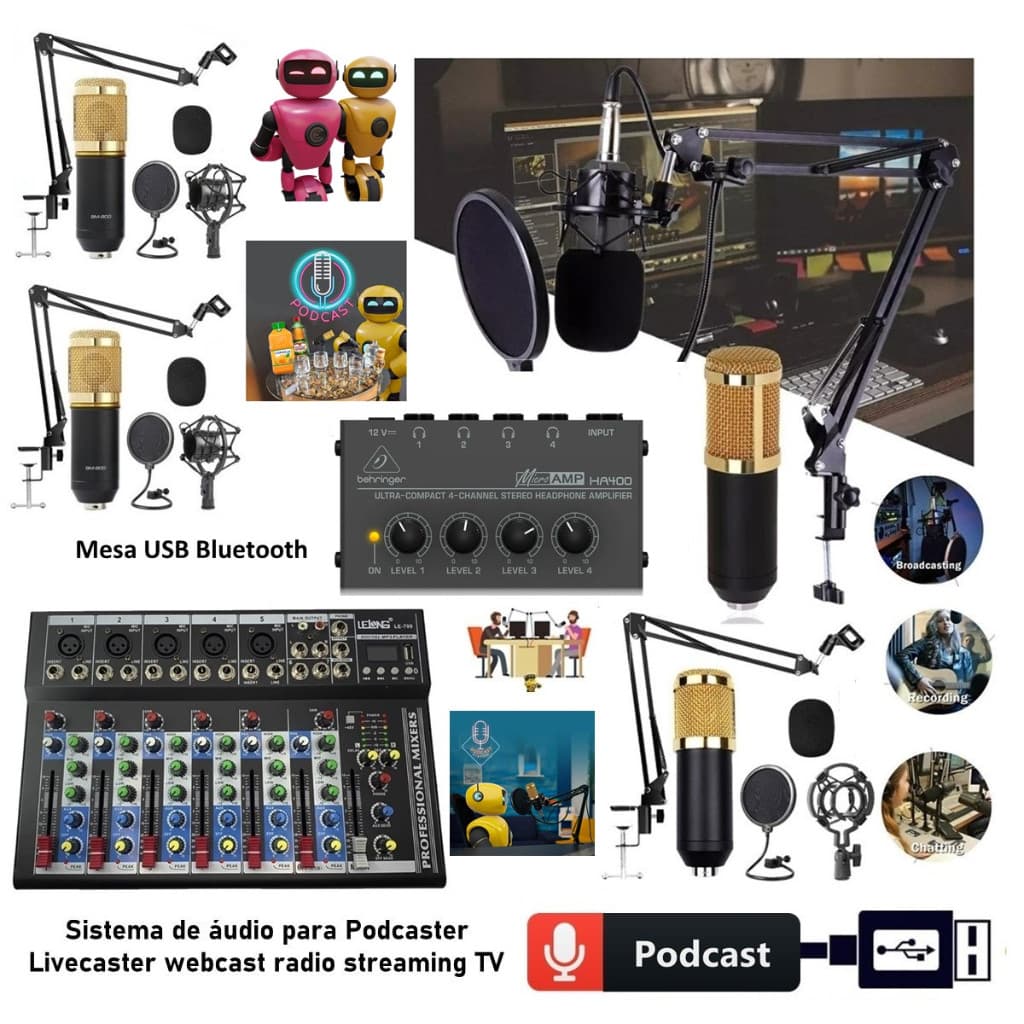 Sistema de Audio Podcaster Mesa Interface USB Syc Com 4 Microfone Suporte Articulado de Mesa