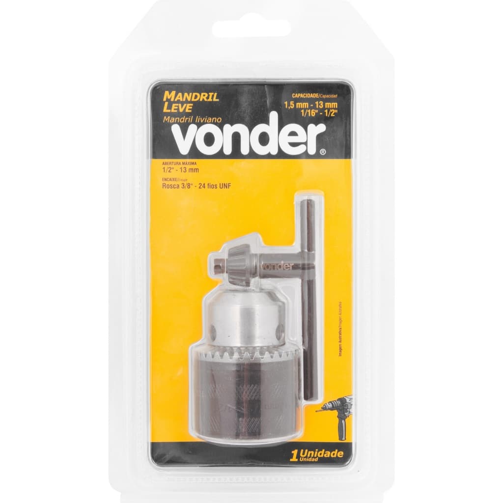 Mandril com chave 1,5 mm - 13,0 mm de rosca 3/8" x 24 fios, leve - Vonder