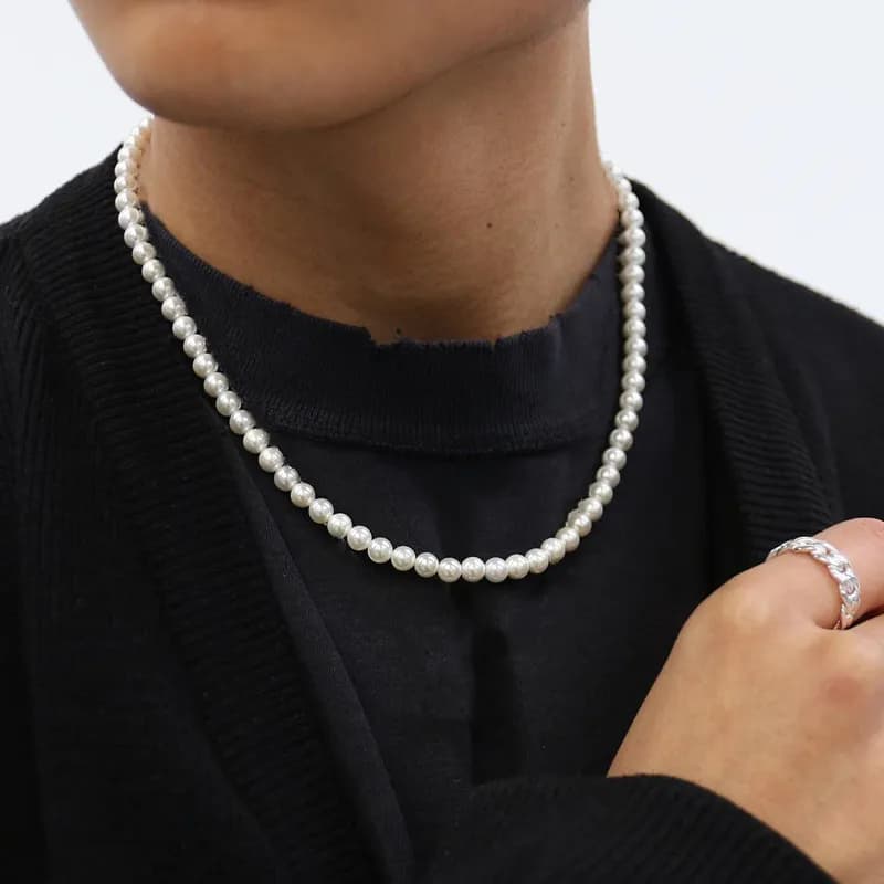 Colar de pérolas moda masculino conta de fio artesanal simples variedades tamanhos choker P&B