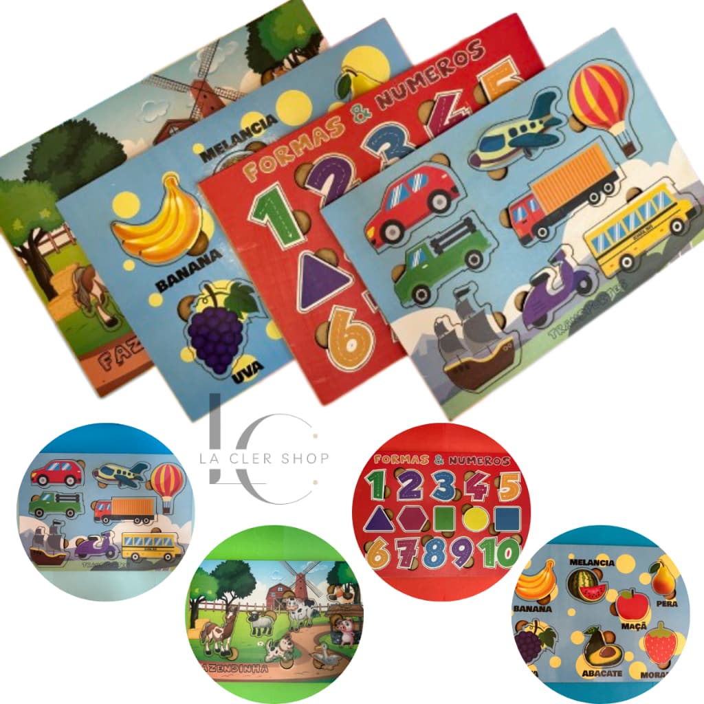 Brinquedo Pedagógico Educativo Madeira Kit com 4 Brinquedos Encaixes em MDF