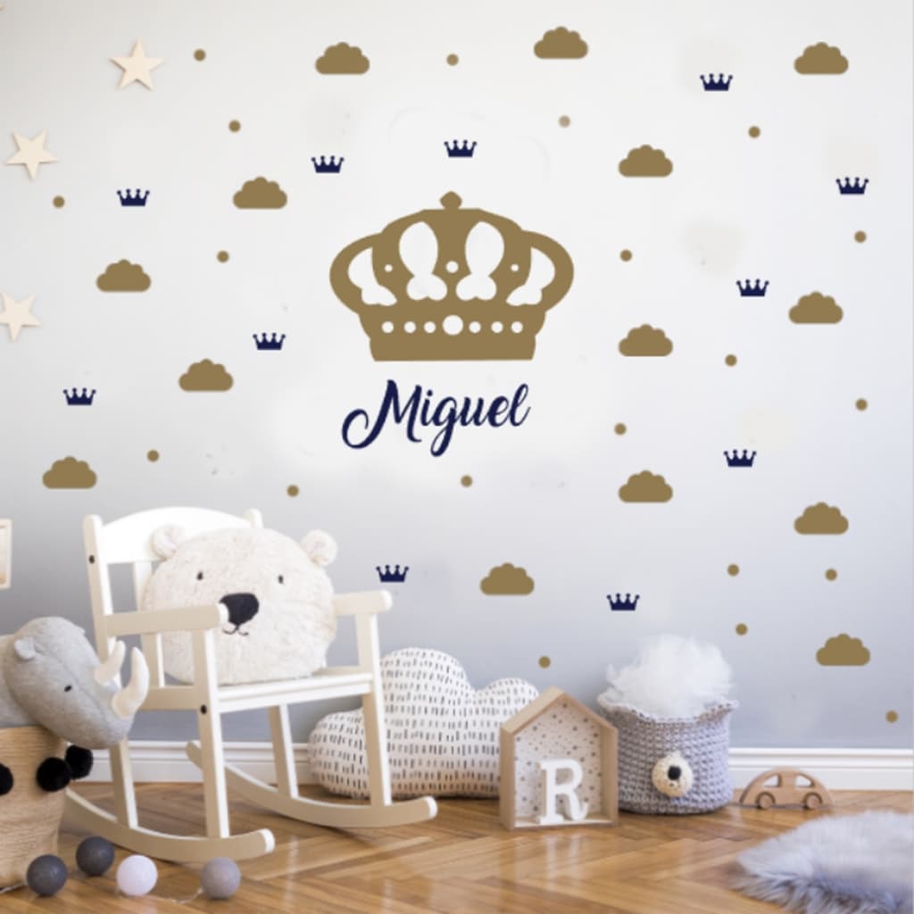 Adesivo de parede infantil coroa, príncipe, nuvens com nome personalizado quarto de menino decoração