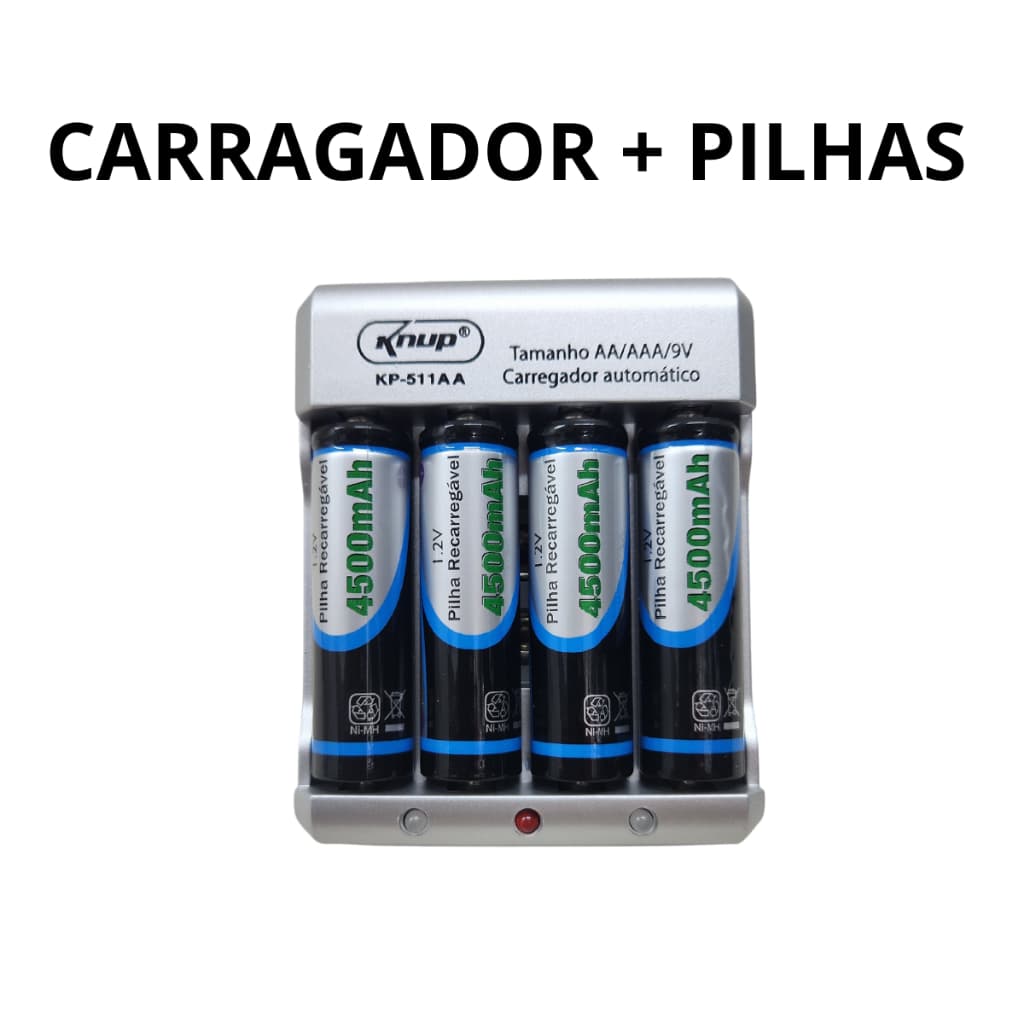 Carregador de Pilhas + Pilhas AA 4500 mHa Carregador Versátil carrega AA AAA e Bateria 9v Knup KP511AA