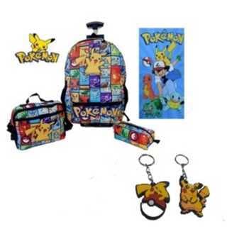 Kit Mochila Juvenil Rodinha Boneco PikachuToalha e Chaveiro