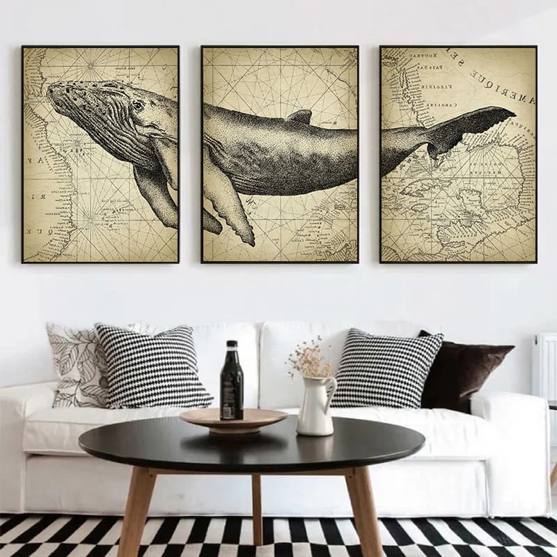 Quadro Vintage Marine Animals Poster, Wall Art Pictures, azul, baleia, cabeça, corpo, cauda, mapa do mundo, casa, decoração do quarto, 3 pcs