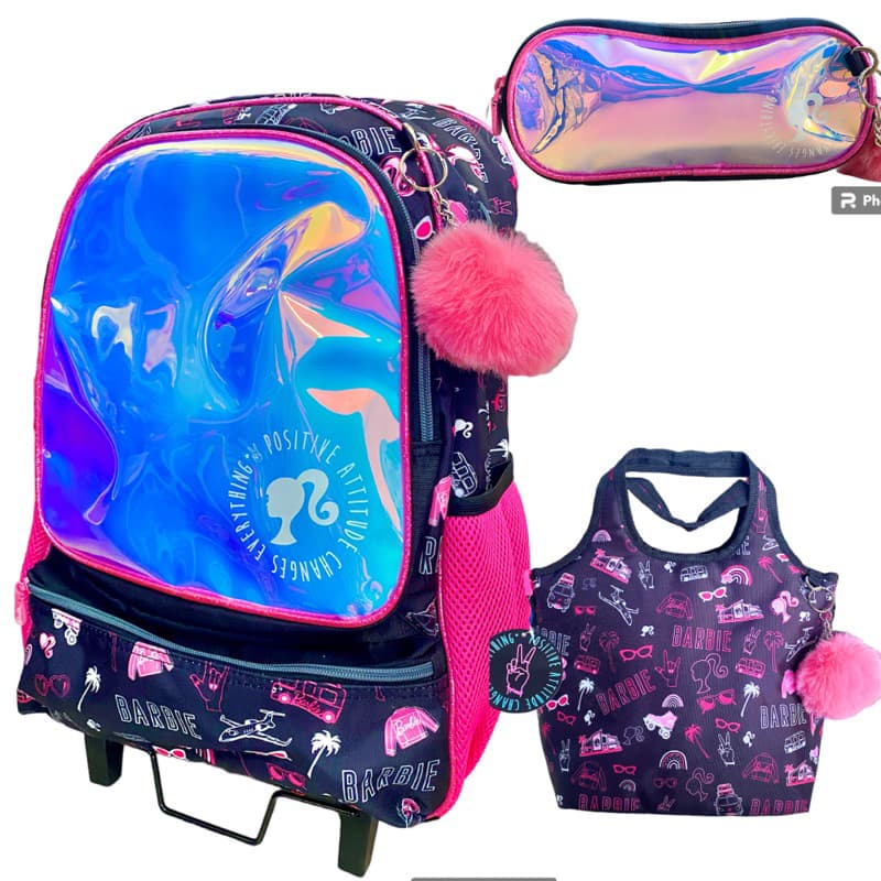 Kit Mochila Escolar infantil com rodinhas + lancheira térmica + estojo BARBIE 2024 - CHENSON