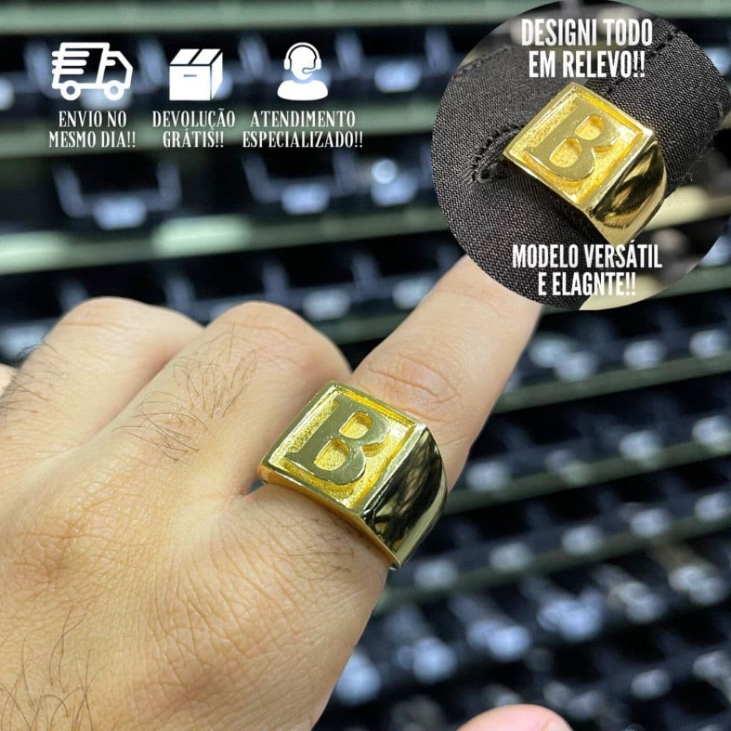Anel Masculino De Letra Banhado a Ouro Dedeira De Inicial B
