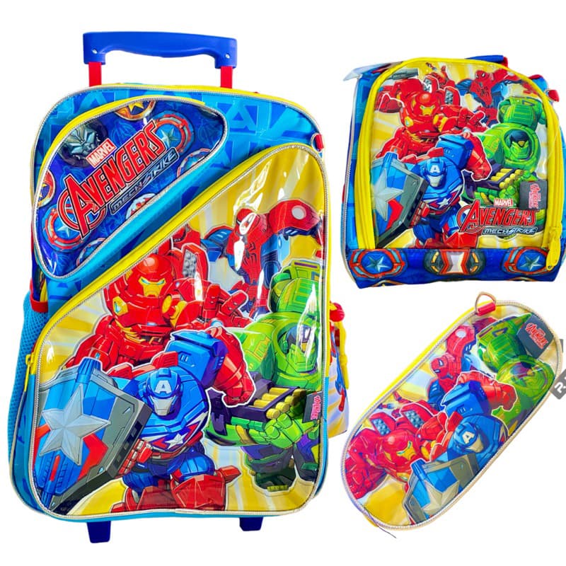 Kit Mochila Escolar LIGA DA JUSTIÇA MARVEL com rodinhas Infantil + lancheira térmica + estojo  - CHENSON