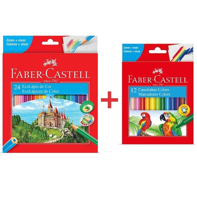 Kit Lápis De Cor Faber Castell 24 Cores + Canetinha Hidrográfica 12 Cores Faber Castell