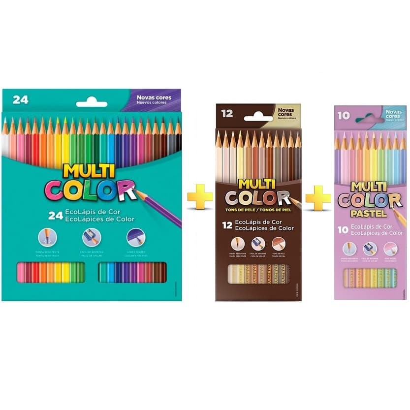 Kit 46 Cores Lápis de Cor Multicolor + Cores Tradicionais - Tons Pele - Pastel