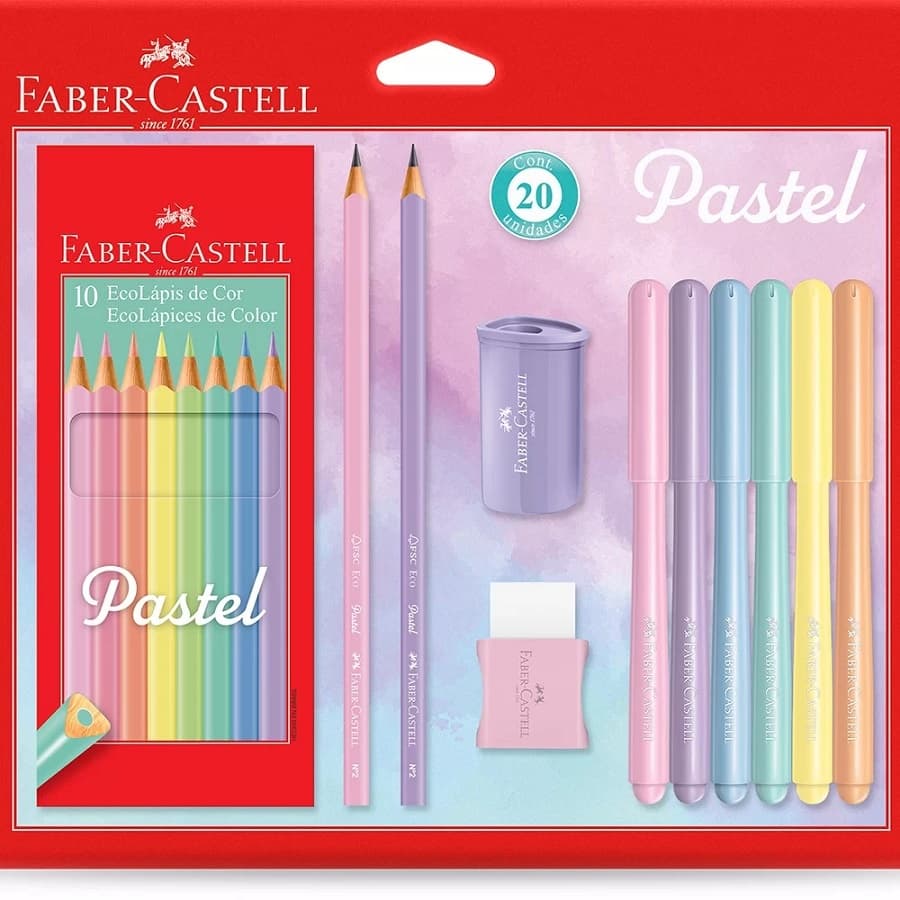 Kit Escolar Tons Pastel Faber Castell 10 de Cor + 6 Canetinhas + Borracha + Apontador e 2 Lápis