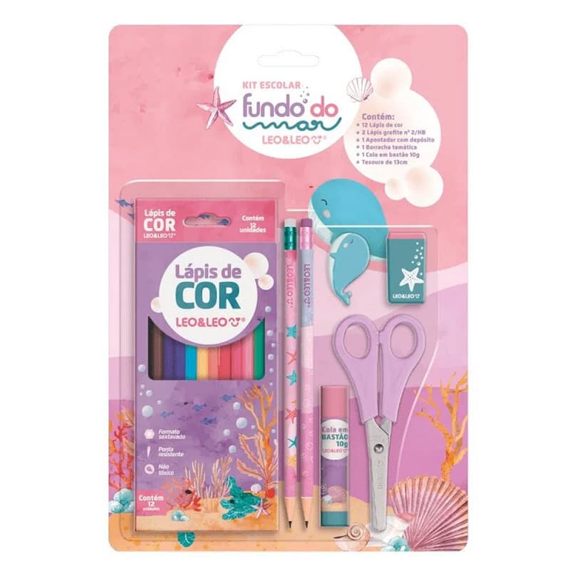 Kit Escolar Leo & Leo 20 peças Fundo do Mar Kids - 12 Lápis de Cor/4 Grafite/Borracha/Apontador/Tesoura/Cola Bastão