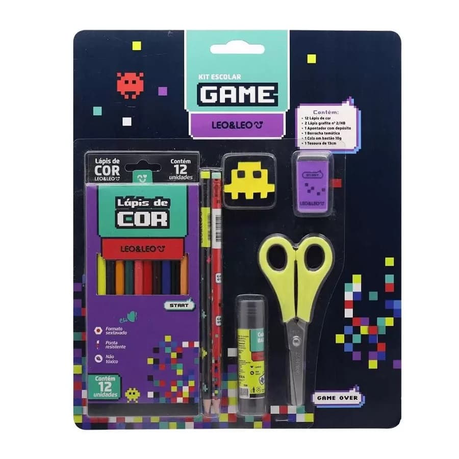 Kit Escolar Leo & Leo Gamer Over Kids 20 peças - 12 Unidades Lápis de Cor/4 Grafite/Borracha/Apontador/Tesoura/Cola Bastão