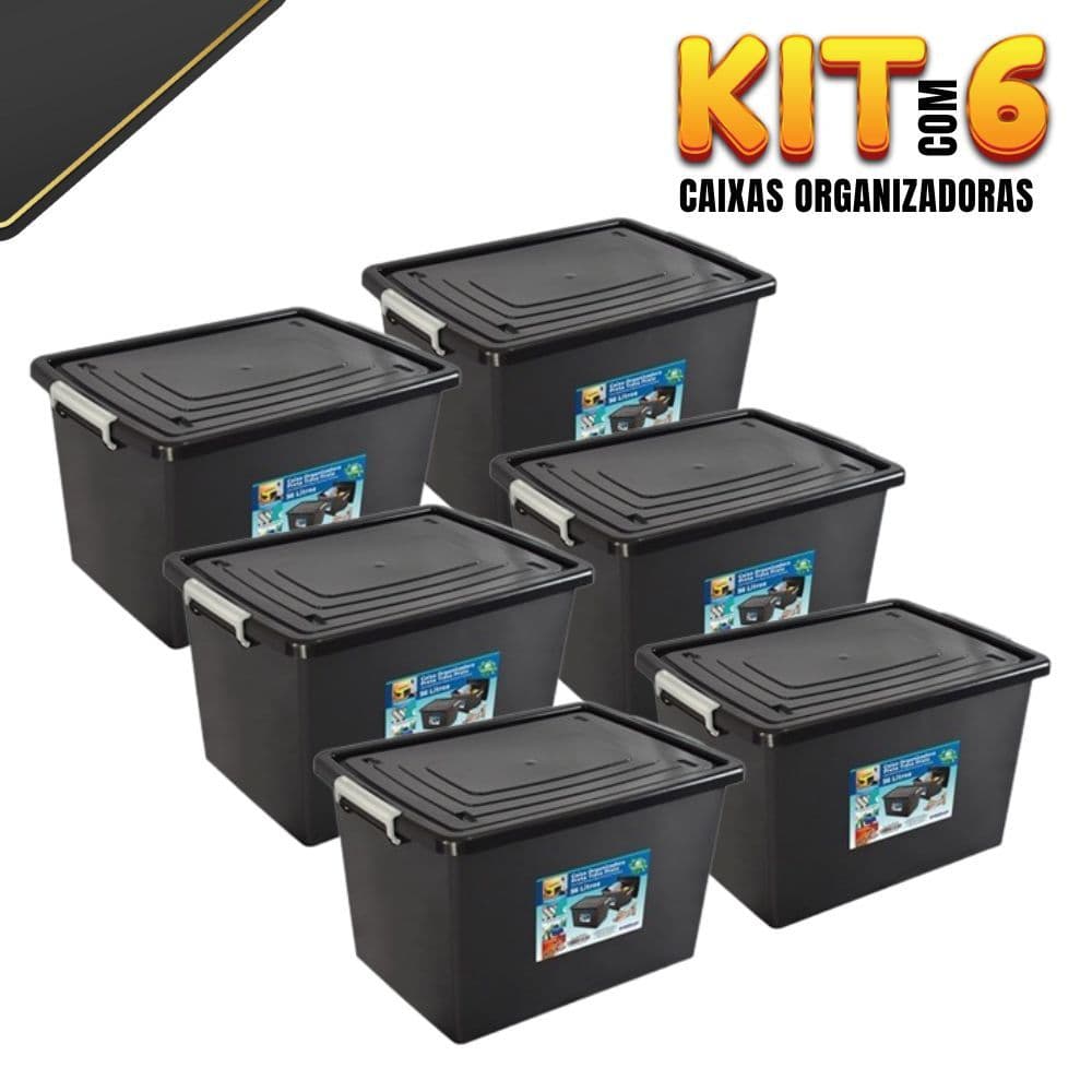 Kit 6 Caixas Organizadora 56 Litros C/ Tampa e Trava Cesta Multiuso Tamanho Grande