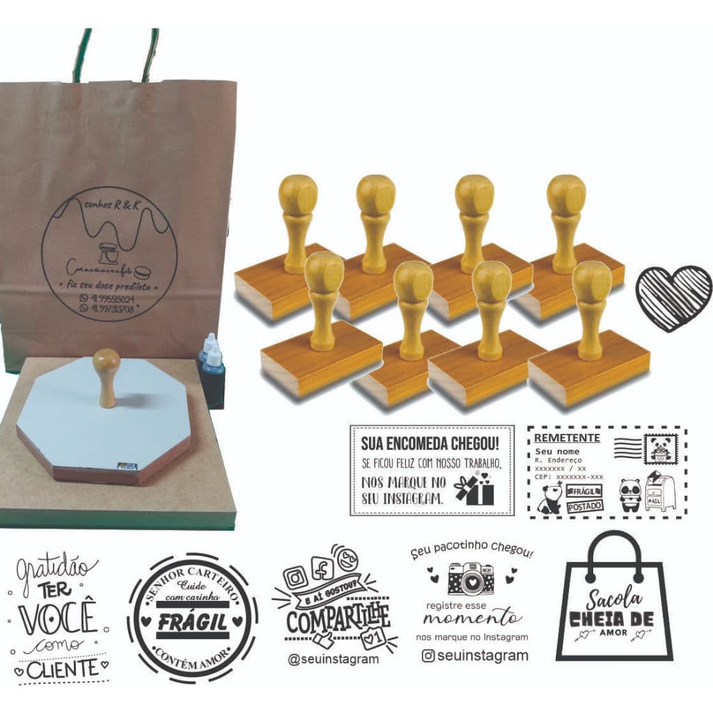 Kit Carimbos: 01 carimbo 15x15 + 01 carimbo 10x10 + 09 carimbos 4x4 + 01 almofada + 02 tintas