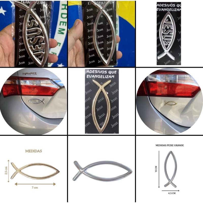 1 Simbolo adesivo Peixe Jesus grande pequeno ouro prata adesivos