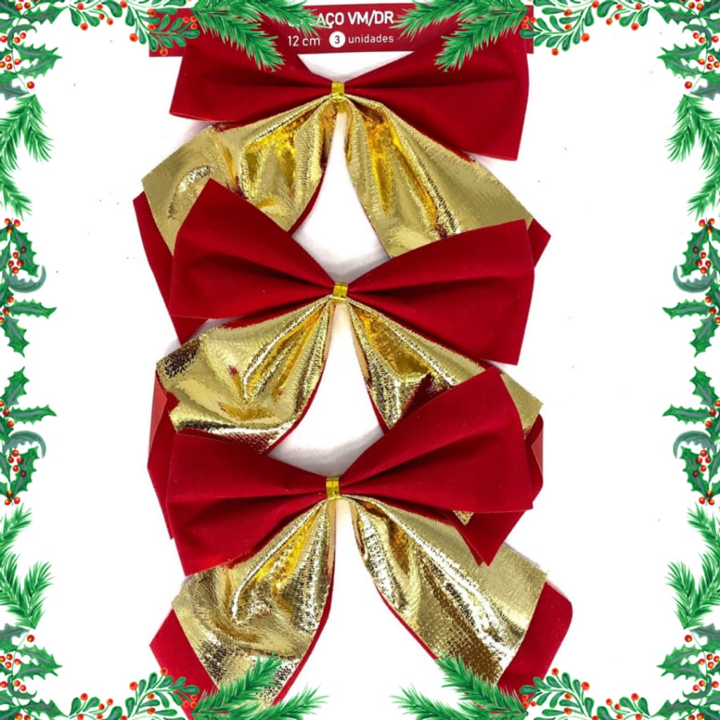 KIT CONJUNTO 3 LAÇOS ENFEITES DE NATAL VERMELHO E DOURADO PARA PENDURAR 12CM