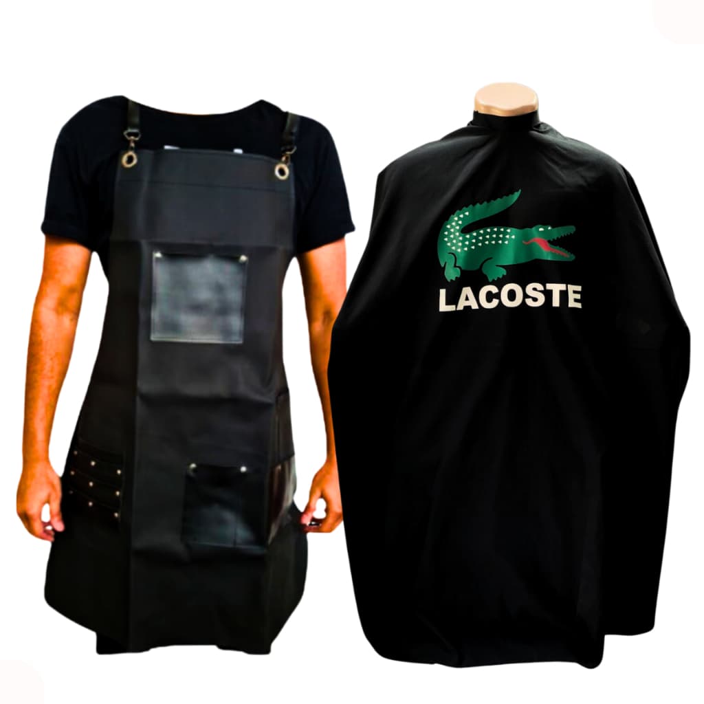 kit avental de couro + capa de corte microfibra estmapa lacoste tamanho grande para barbeiro ,cabelereiro,barbearia