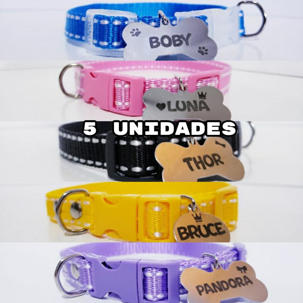 Kit 5 coleiras p/ cachorro de pequeno porte com plaquinha de identificação personalizada