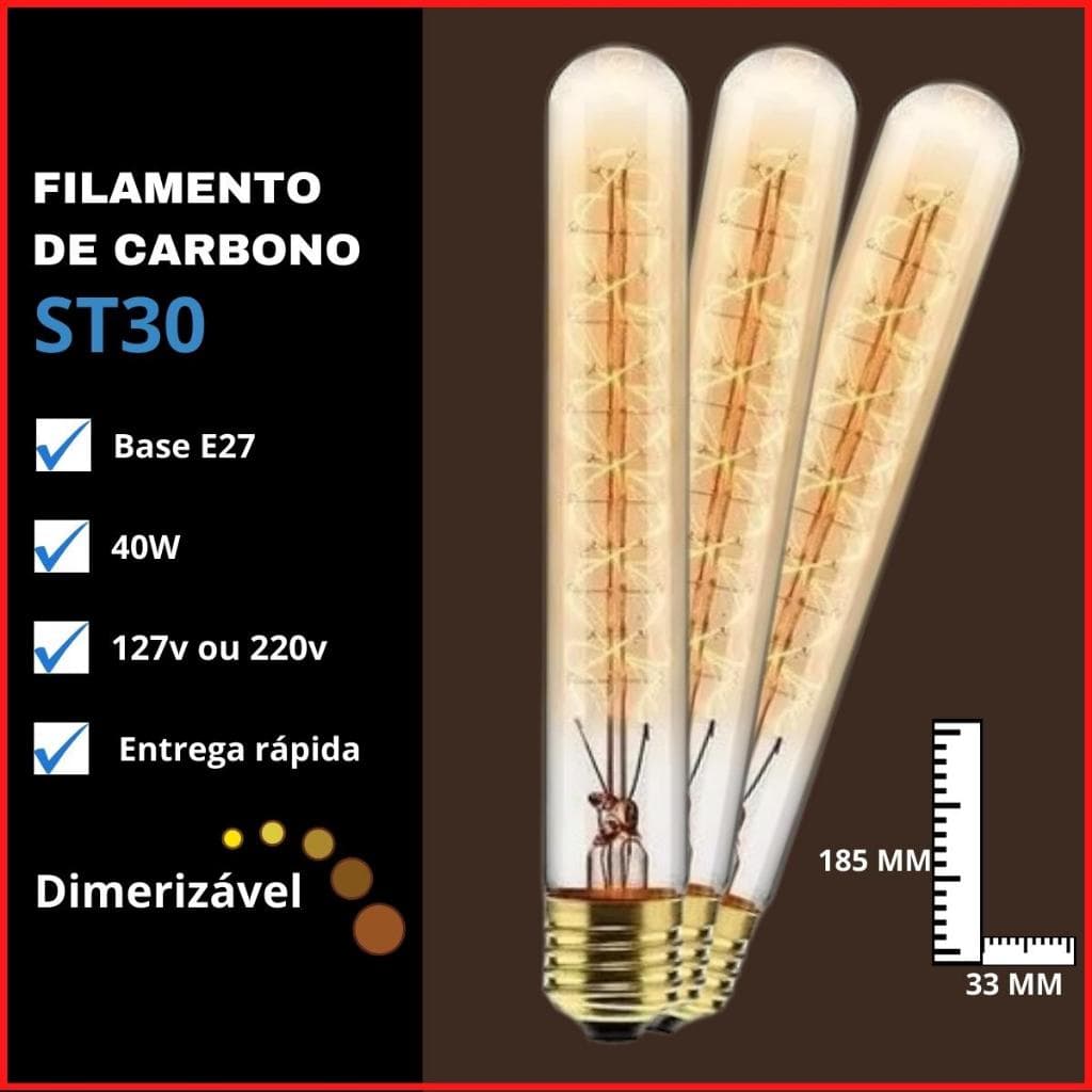 Kit 3 Lâmpadas Filamento Carbono Vintage St30 40w 2000k Dimerizável 110V 220V