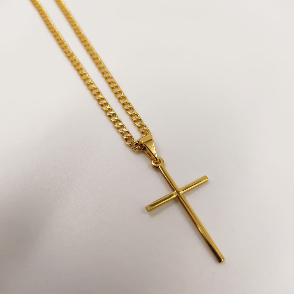 Cordão Fininho Corrente 2mm Fecho Gaveta com Trava + Pingente Cruz Crucifixo Palito 100% em Moeda Antiga