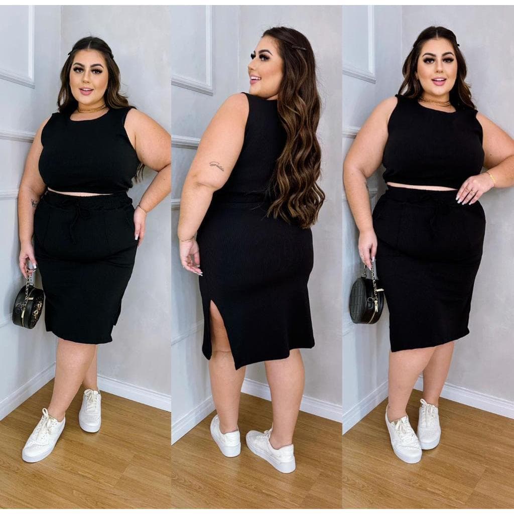 Conjunto Feminino Plus Size Saia e Cropped manga curta