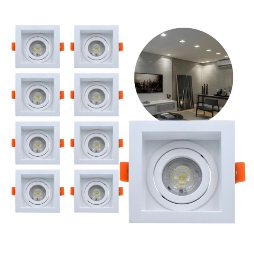 Kit 10 Spot De Embutir Recuado Completo Com Lampada Led Dicroica MR16 Led 36°Soquete Gu10 Spot 360°