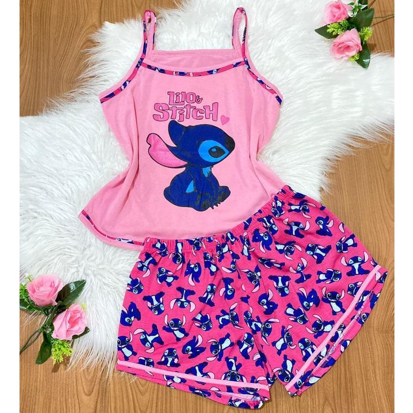 Pijama feminino adulto Shorts Doll alcinha personagens confortavel Roupas Feminino Conjunto Baby Doll Adulto Stitch