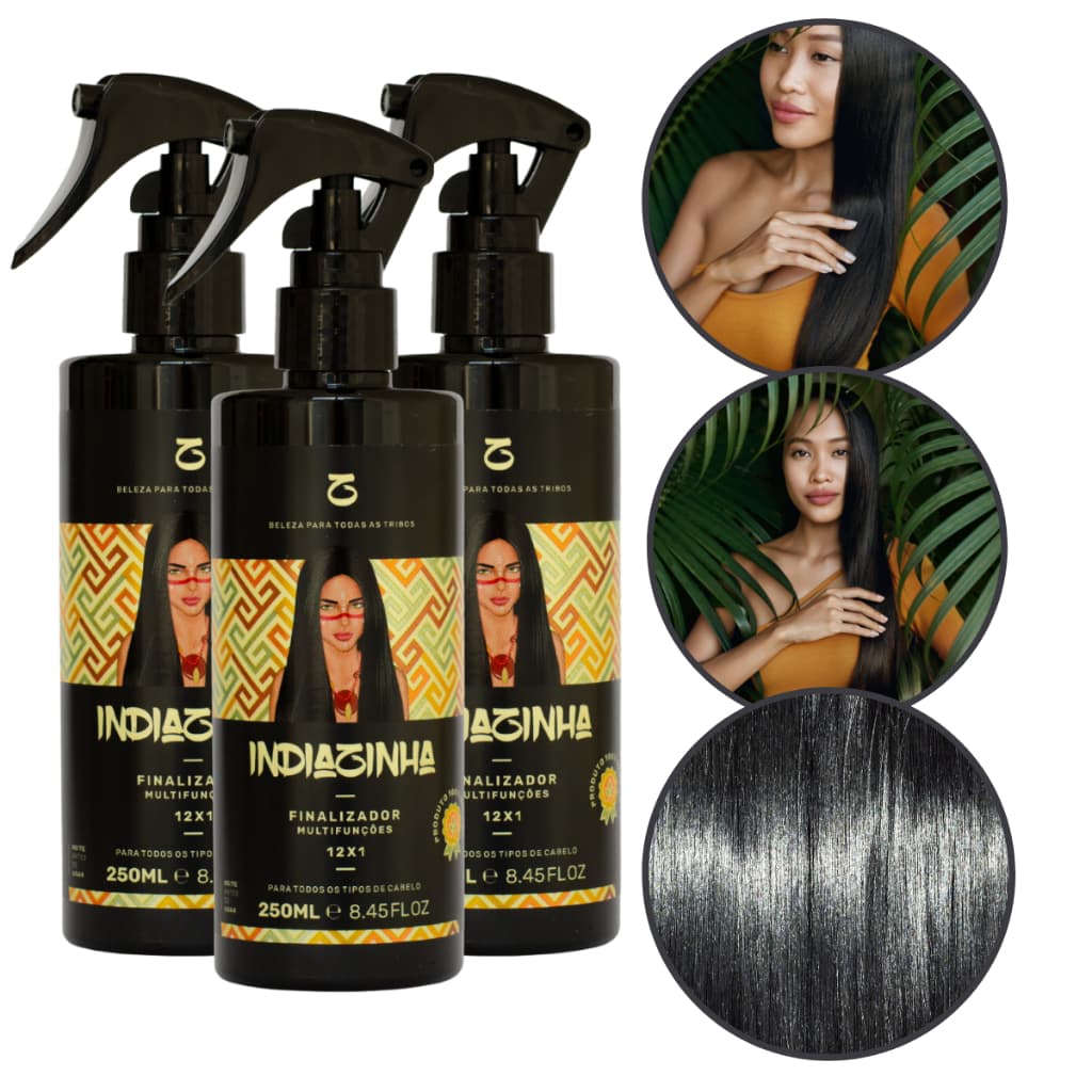 Kit 3 Finalizador Capilar Indiazinha 12 em 1Antifrizz Brilho Intenso Liso Extremo Multifunções Protetor Cabelos Lindos
