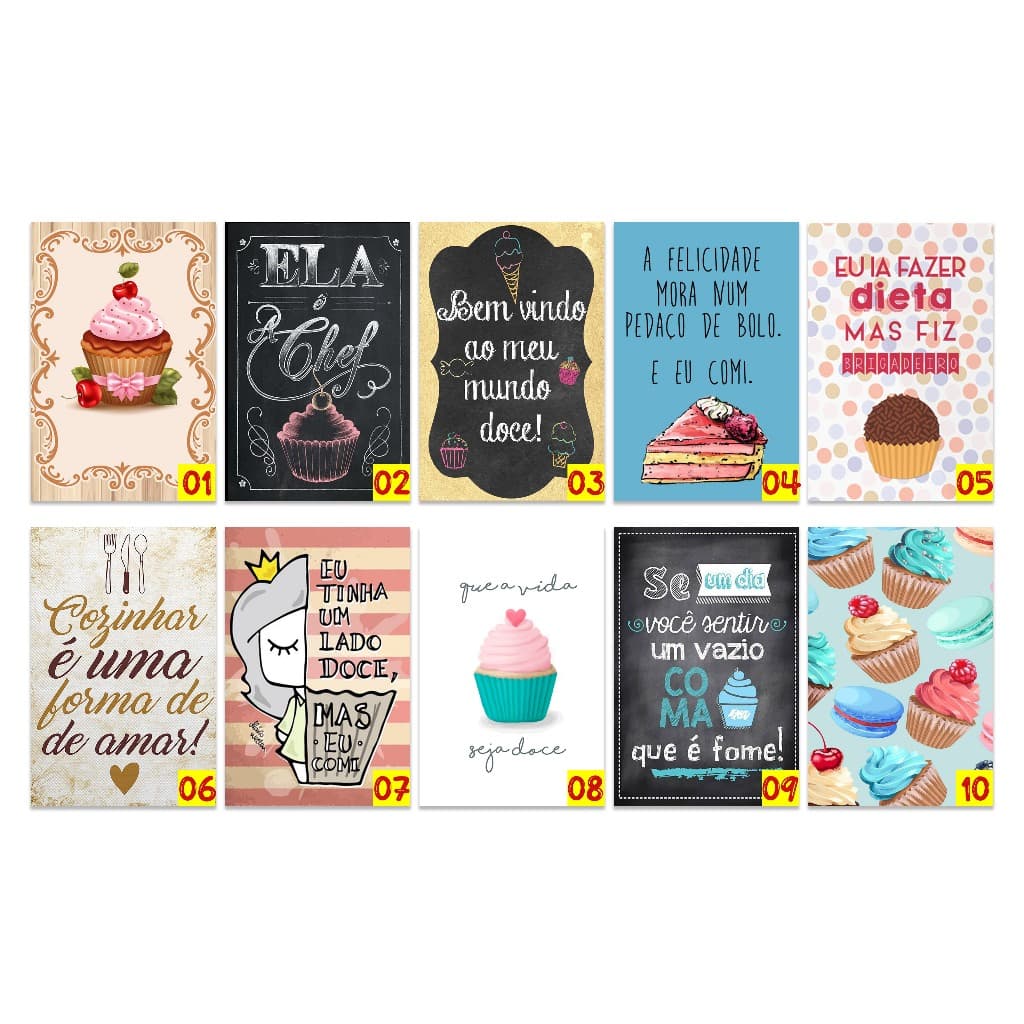 Kit 3 quadros Confeitaria Doceria Cozinha Cupcake Doces Bolos