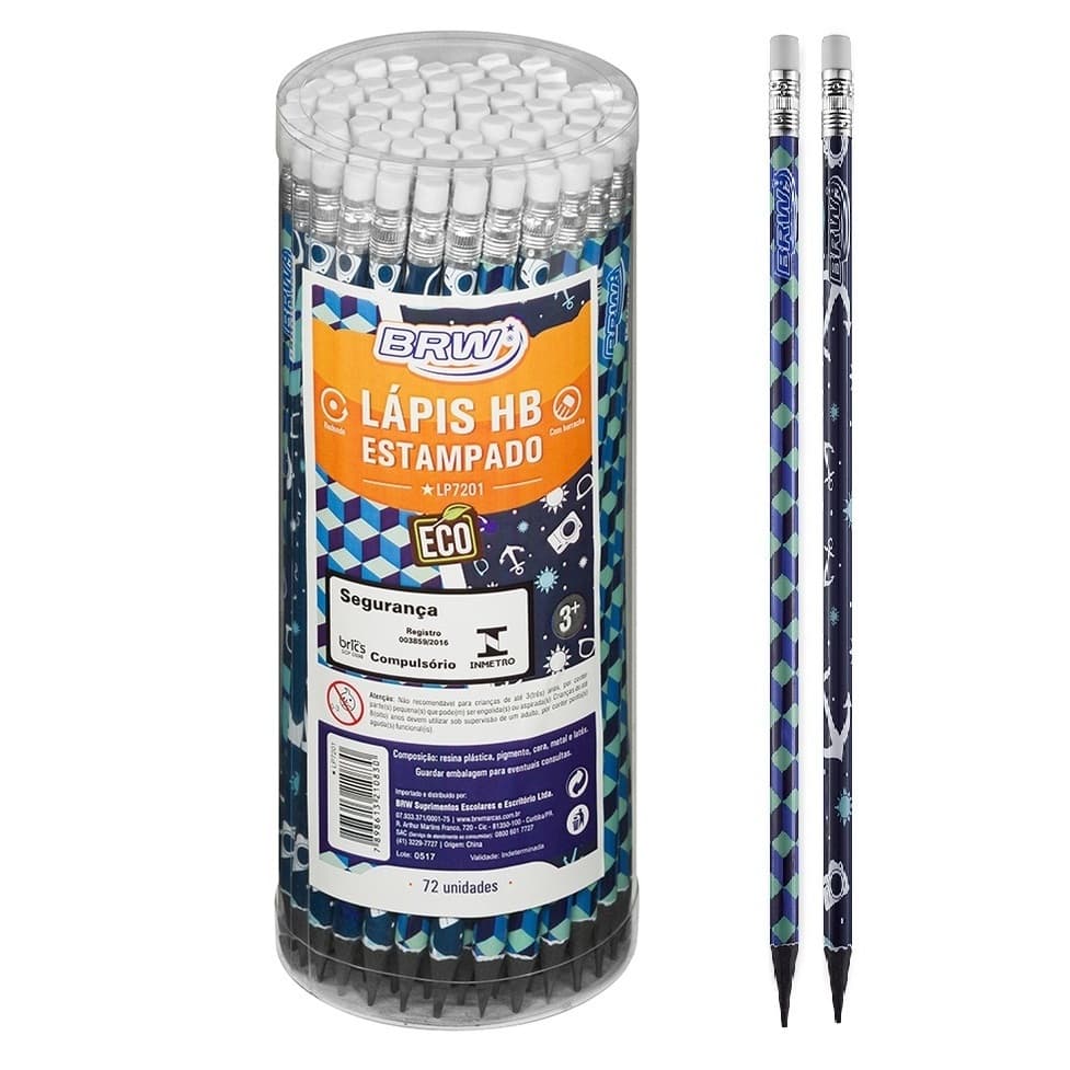 4 Lápis Escolar HB Estampado Azul com Borracha BRW