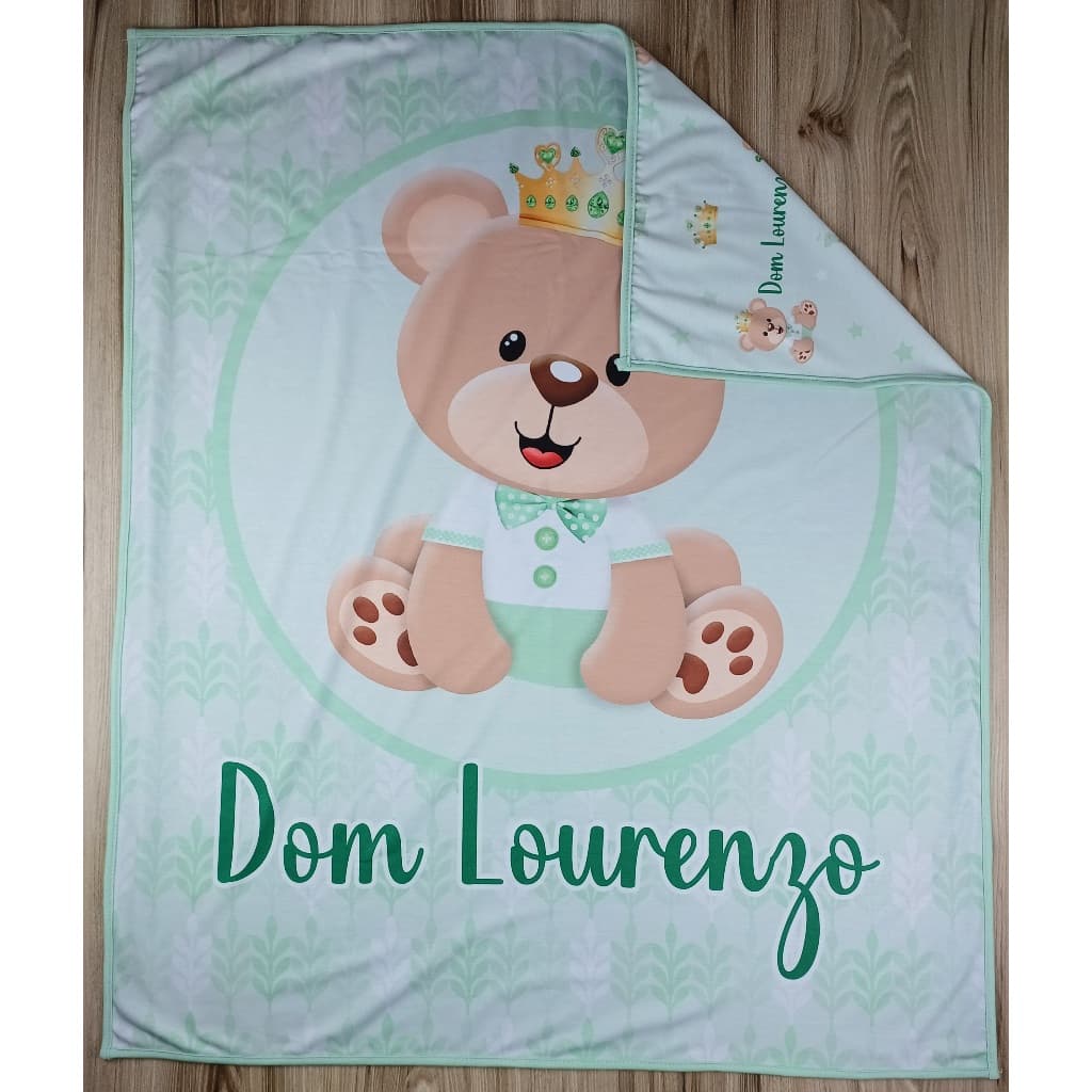 Manta bebê personalizada com nome malha dupla face tipo cueiro Ursinho príncipe verde