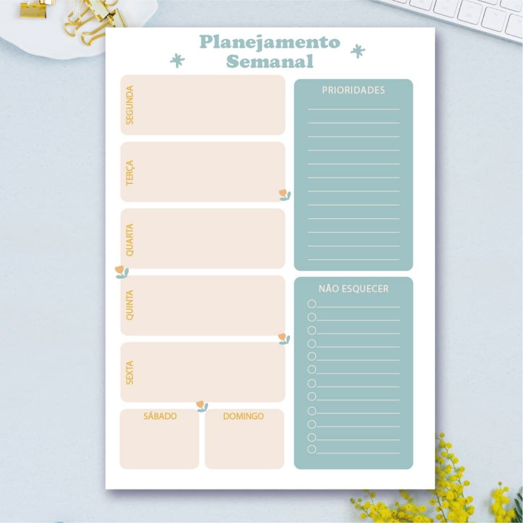 Bloco destacável de planejamento semanal