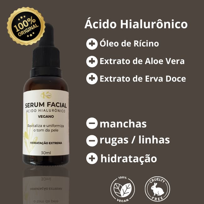 Sérum Hidratante Antirrugas e Clareador de Manchas Ácido Hialurônico Óleo Rícino Aloe Vera Erva Doce