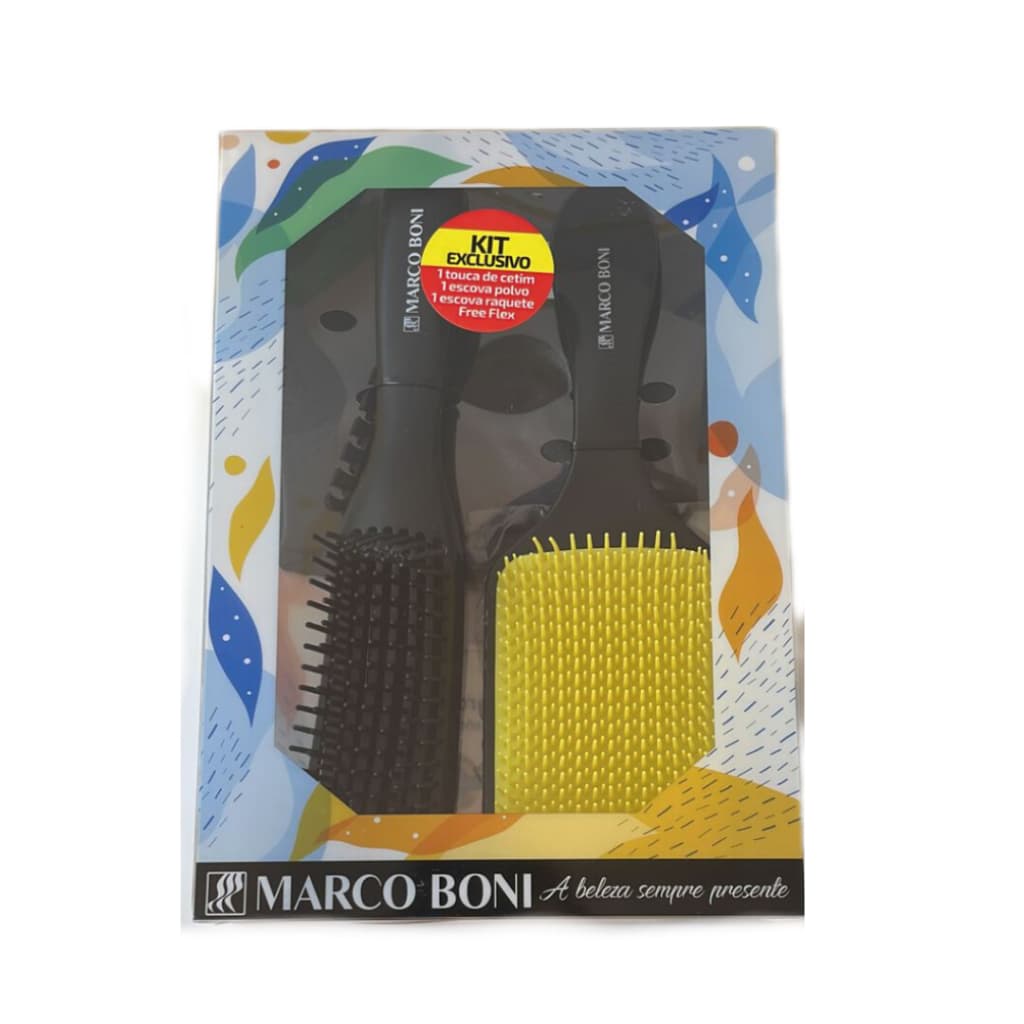 Kit Caixa Marco Boni Escova Raquete Amarela+Escova Polvo+Touca de Cetim Original