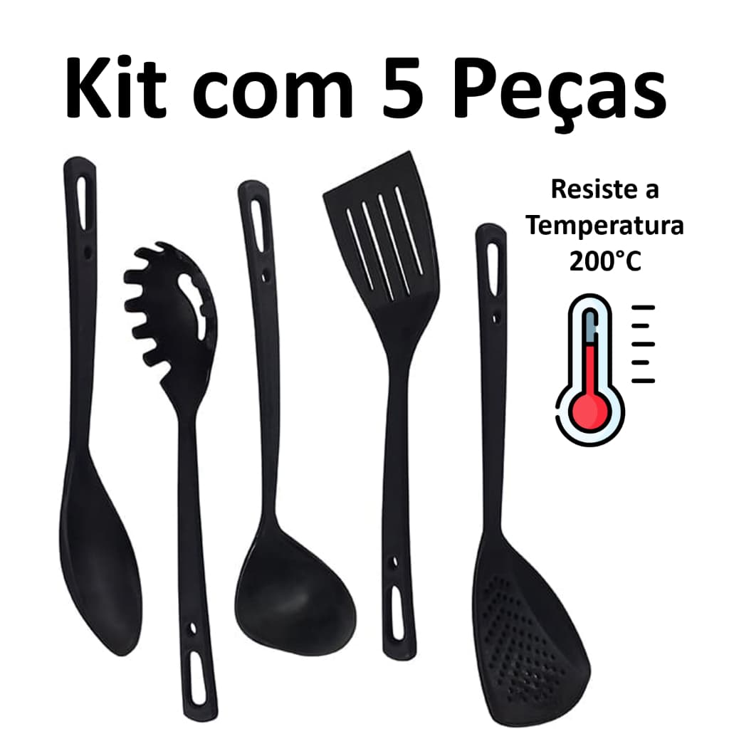 Kit de Utensílios 5 peças em Nylon Preta Resistente a Altas Temperaturas para Casa em Cozinha