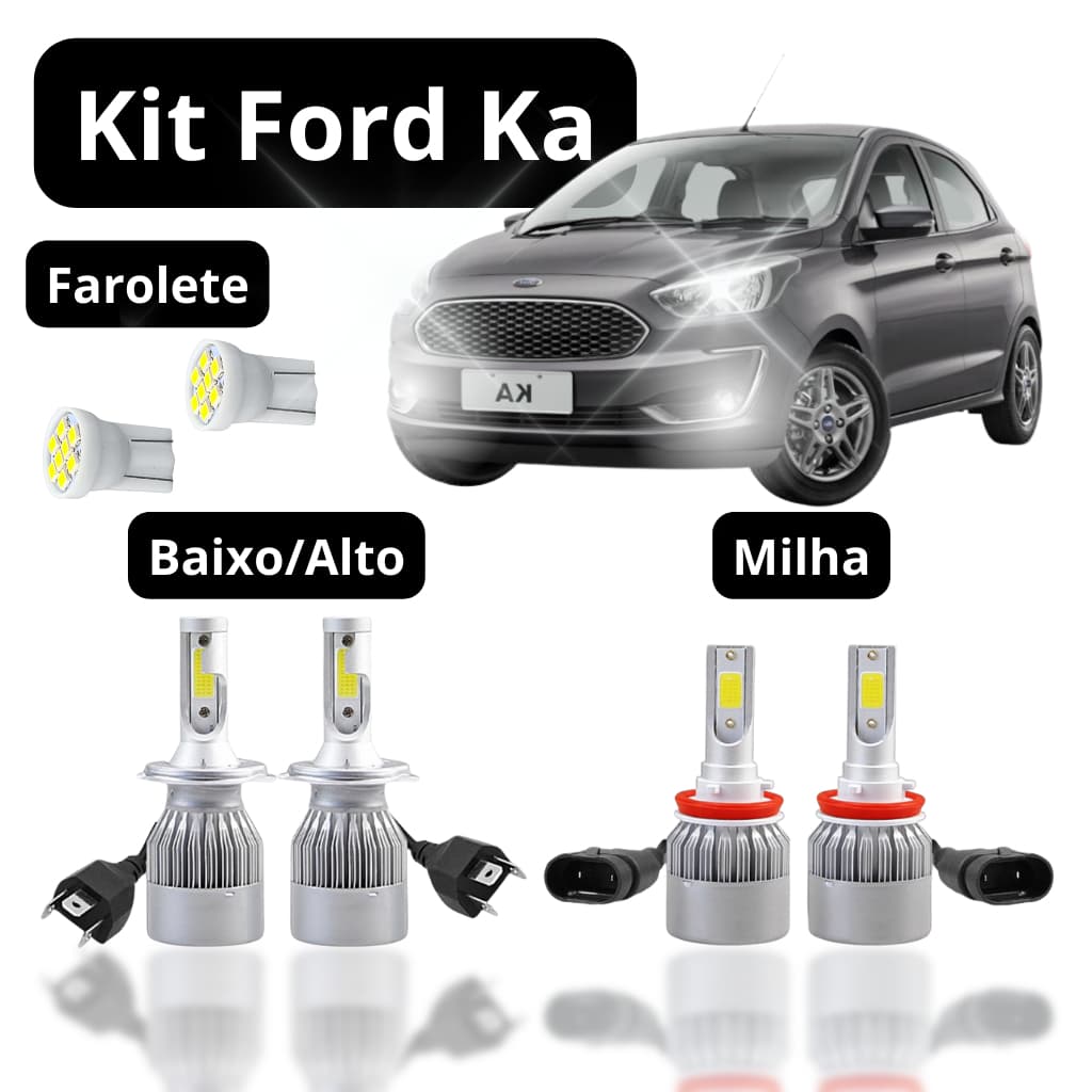 Kit Lâmpada Led (Farol Alto Baixo Milha Farolete) Ford Ka 2014 a 2019 Super Led H4 H11 T10 NEBLINA Meia luz forte