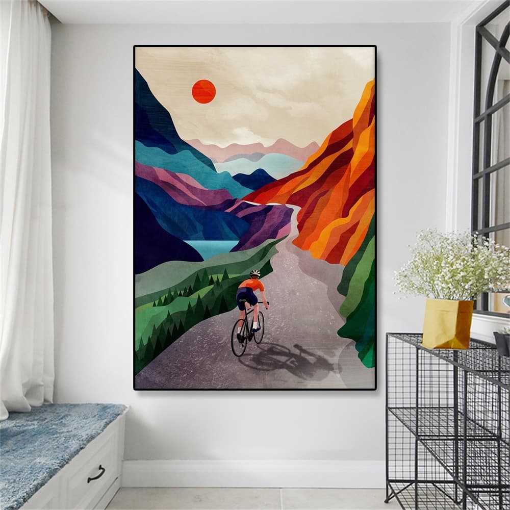 Quadro Modern Bicicleta Ciclismo Art Print, Cartaz Colorido, Ciclismo no Alto das Montanhas, Arte Da Parede, Home Room Decor
