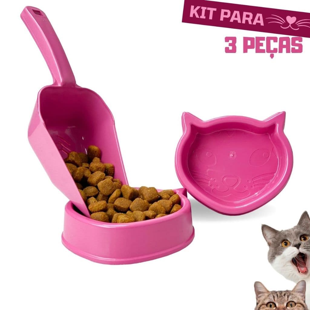 Kit Comedouro Bebedouro Para Gatos + Concha Dosadora de Ração