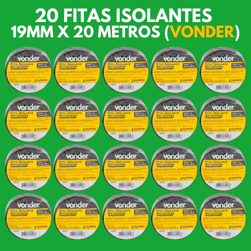 20 Fitas Isolante Anti Chama Vonder Preta - 20 Metros cada Fita Vonder Original + Nota Fiscal