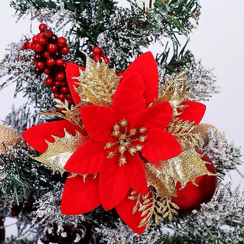 Flores decorativas de simulação de Natal/Kit de 5 flores com glitter
